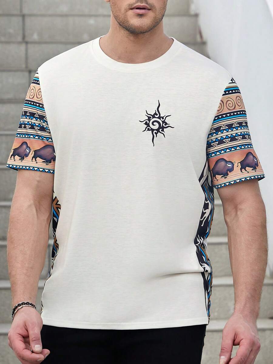 Manfinity Homme Men's Casual Vacation Style Printed Plus Size T-Shirt - Khaki - View 1