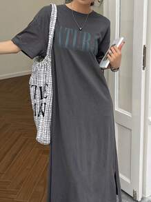 DAZY 女式字母印花短袖连衣裙太阳裙，休闲女装 - 深灰色 - 查看 6