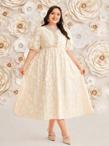 Modelyn Plus Size V-Neck Puff Sleeve Jacquard Dress Long Evening Dresses - Apricot - View 6