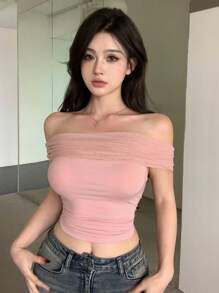 DAZY 女性露肩褶皺上衣 - 藕粉色 - 查看 5