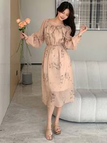 DAZY Women's Plant Print Lantern Sleeve Belted Dress Sundress