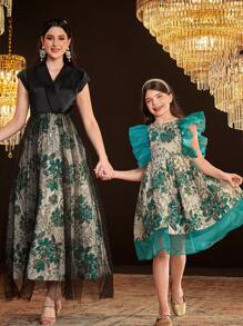 SHEIN Tween Girls' Cute Fit-And-Flare Dress With Organza Patchwork, Jacquard Fabric And Ruffle Hem, Round Neck - Green - View 9