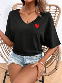 SHEIN Frenchy 女士V领畅销刺绣爱心蝙蝠袖T恤 - 黑色 - 查看 3