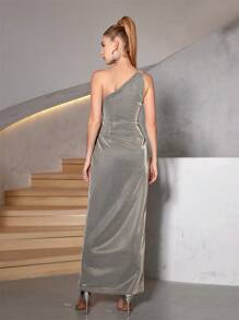 SHEIN Belle 女式不对称领口无袖不对称下摆开叉连衣裙优雅正式晚会舞会婚礼宾客礼服，适合毕业典礼、晚宴派对礼服 - 銀色 - 查看 4