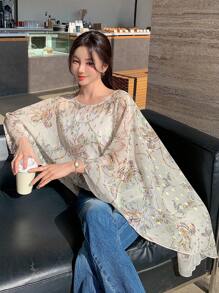 Dazy Designer 女士全印花圓領長袖高低襯衫