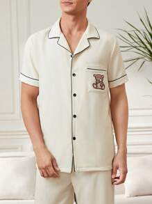 Men's Texture Fabric Short Sleeve & Long Pants Home Clothing Set With Single-Breasted Closure