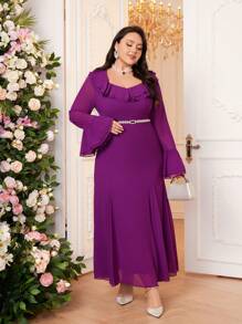 Modelyn Plus Size Women's Arab Garment With Patchwork & Ruffle Trim Flare Sleeves Long Evening Dresses - Red - View 7