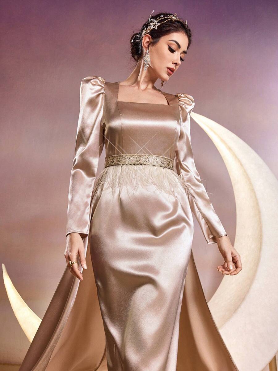 Modelyn Women's Elegant Square Neckline Arabic Style Dress, Elegant Evening Party Dress Long Evening Dresses - Champagne - View 1