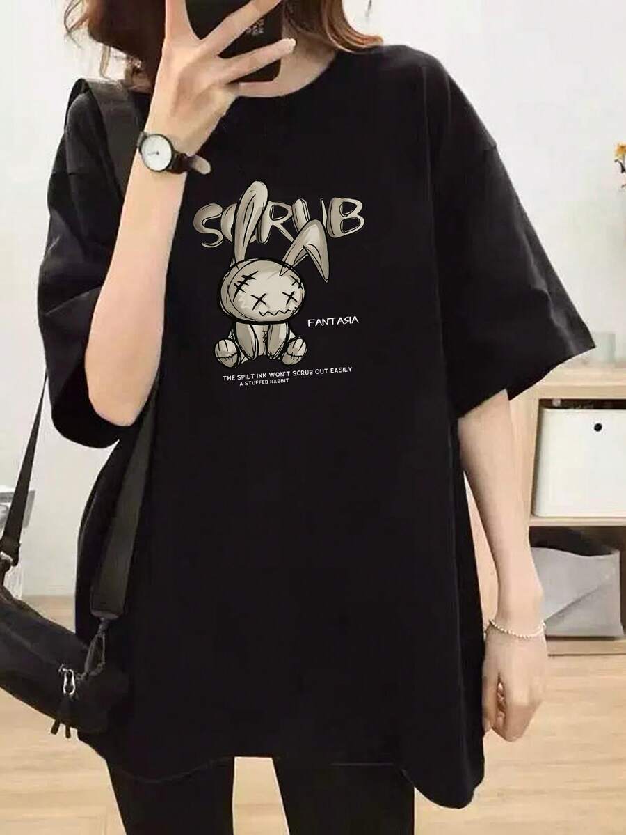 春夏新款女式兔子图案印花圆领休闲百搭少女短袖T恤 黑色