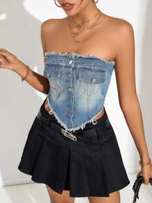 Aveloria Denim Top With Asymmetrical Hemline, Raw Trim, Pockets And Strapless Design