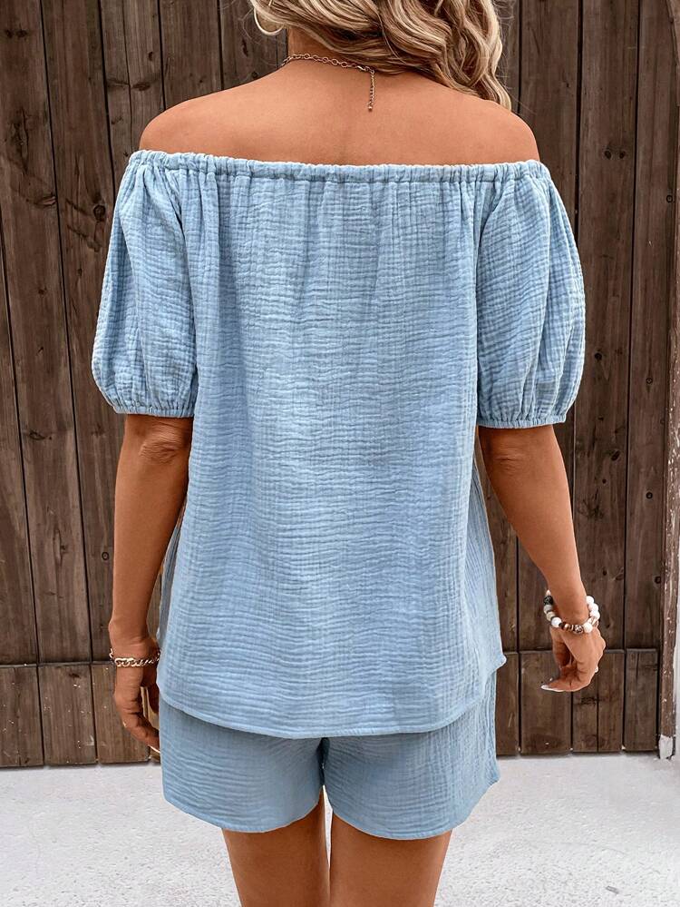 St. Patrick's Day Blue Off Shoulder Top And Shorts Women's Two Piece Set For Summer Holiday