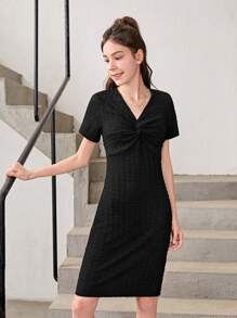 Vestido Plisado De Manga Corta Con Cuello En V Y Un Solo Color Para Chicas Adolescentes