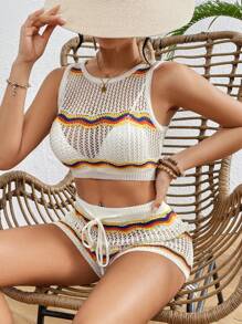 Breezaya Women's Wave Striped Knit Crop Top And Shorts Set With Hollow Out Design, Summer - White - View 6