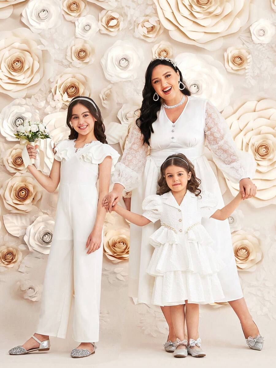 Modelyn Plus Size V-Neck Button Decor Jacquard Lantern Sleeve Dress Long Evening Dresses - White - View 1