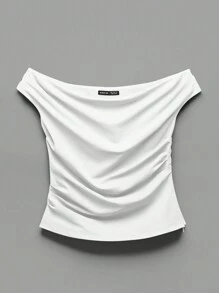 SHEIN EZwear 女款純色百褶露肩上衣 - 白色 - 查看 1