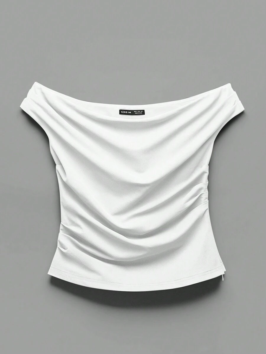 SHEIN EZwear 女款純色百褶露肩上衣 - 白色 - 查看 1