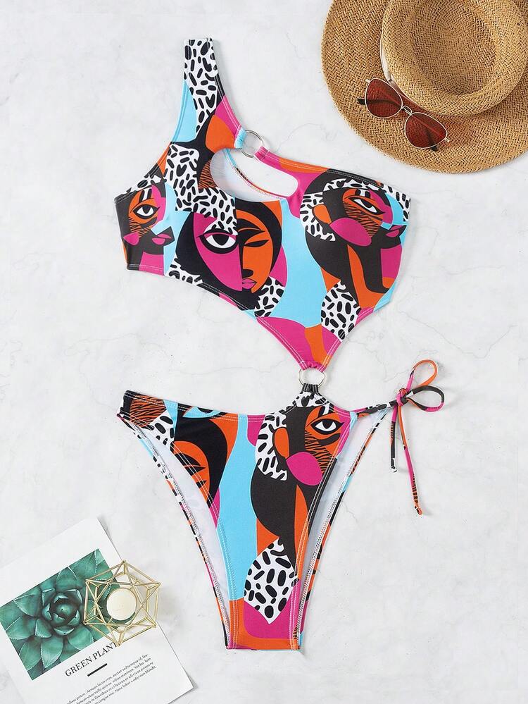Women's Asymmetrical Neck Cutout Ring Printed One-Piece Swimsuit With Face Pattern, For Summer, Beach, Vacation, Travel, Festival, Swimming Pool