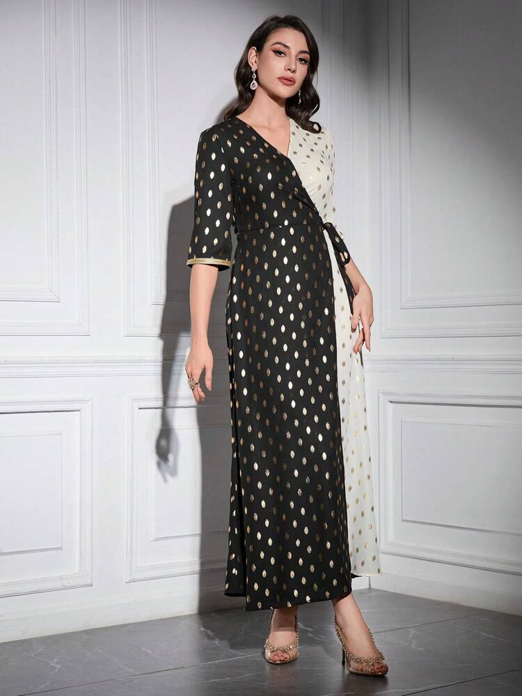 Women's Polka Dot Short Sleeve Dress With Gold Foil Print