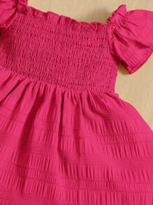 SHEIN 女婴休闲舒适荷叶边领无袖连衣裙 - 玫紅色 - 查看 3