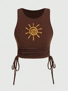 ROMWE Hippie Plus Size Summer Casual Sun Embroidery Side Drawstring Tank Top - Coffee Brown - View 1