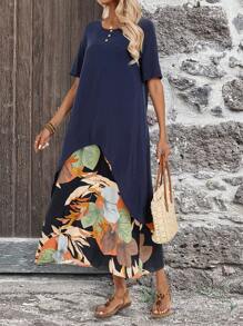 EMERY ROSE Kleid mit kurzem Arm und tropischem Pflanzenmuster, Land Maxi Kleider Sommer Rock für Frauen - marineblau - Übersicht 5