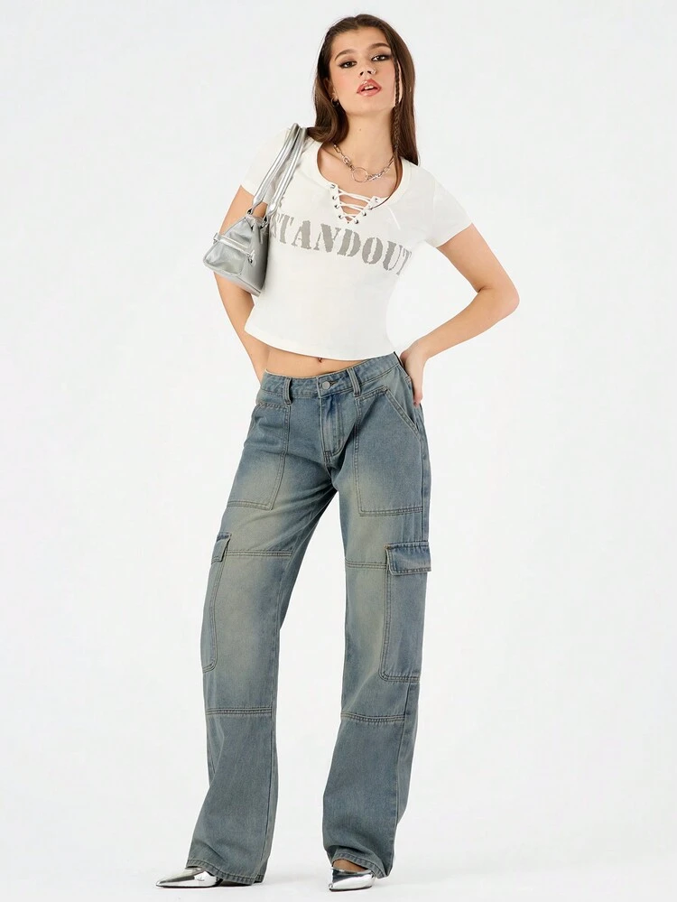 Ladies' Cargo Inspired Heavy-Duty Wide Leg Jeans With Distressed Finish & Multiple Utility Pockets