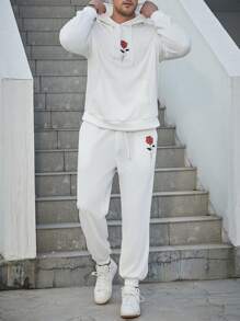 Manfinity Homme Men's Plus Size Rose Printed Hoodie And Pants Set - White - View 3