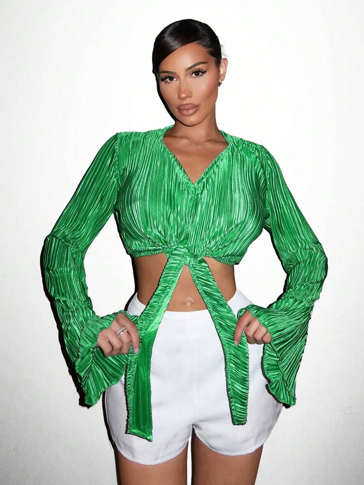 Women's Cropped Tie Waist Knotted Shirt With Flare Sleeves