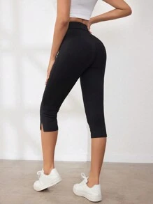 SHEIN LUNE Women's Plain Colored Split Hem Leggings - Black - View 4