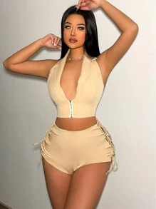 Zolique Gợi cảm Của phụ nữ Không tay Quần Bộ đồ - Màu Khaki - Xem 1