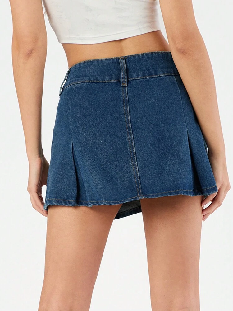 Y2k Style Low Waist Mini Denim Skirt With Pleated Design For Women