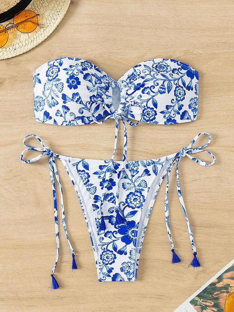 Ladies' Floral Printed Bandeau Bikini Set Summer