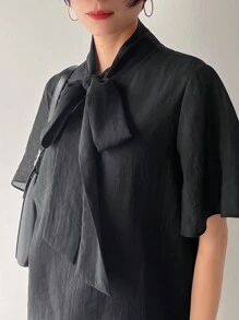 FRIFUL Women's Tie Front Short Sleeve Shirt Work Women Clothes - Black - View 10