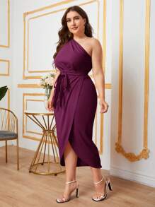 Modelyn Plus Size Solid Color Wrap Dress, Wedding Guest Dress - Red Violet - View 5