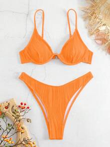Solid Underwire Bikini Set For Summer Beach - Burnt Orange - View 1