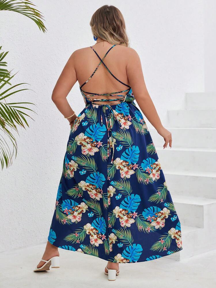 Vacation Plant & Floral Print Plus Size Women's Spaghetti Strap Dress