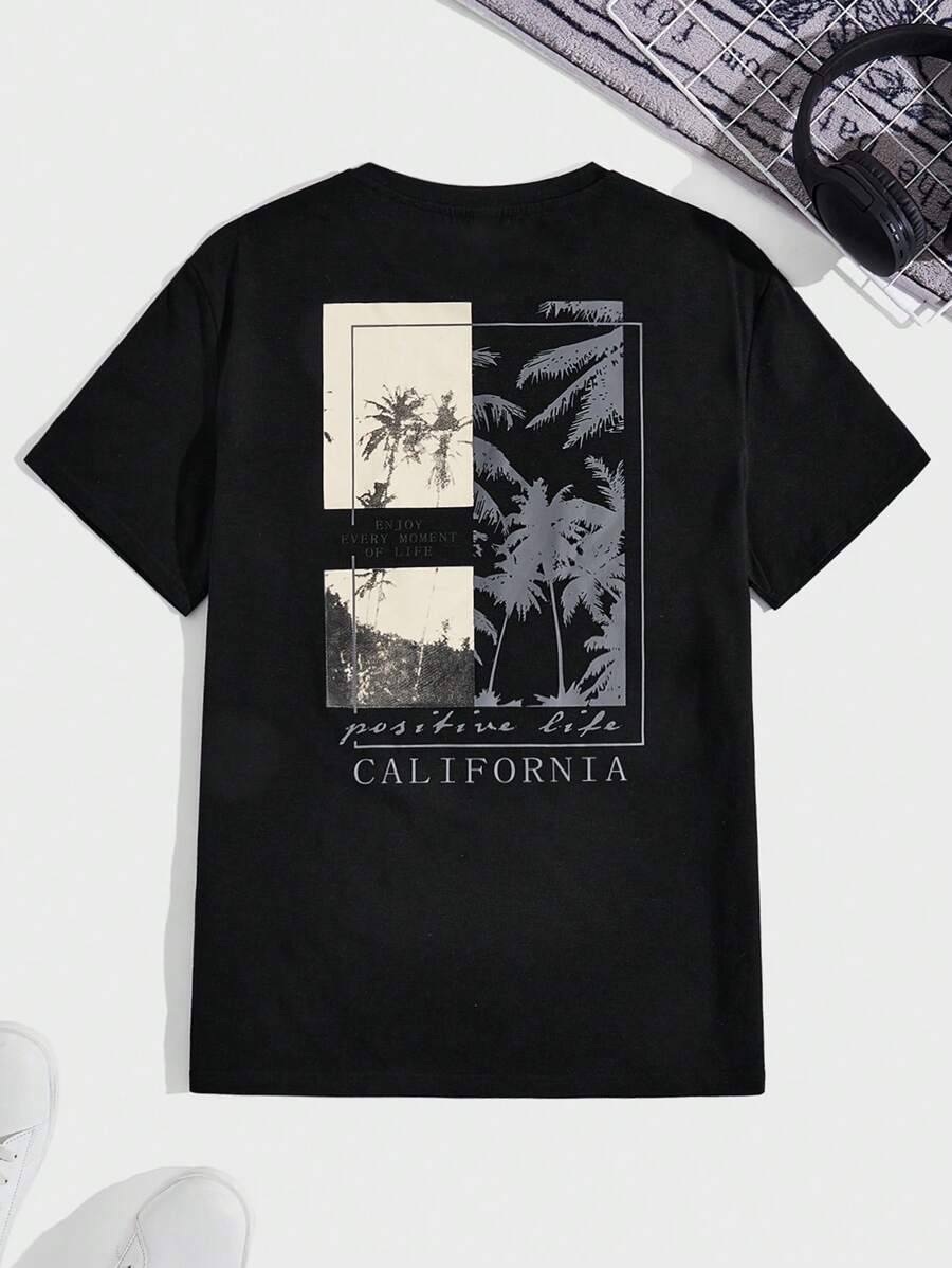 Manfinity BRENVOR Men's Color-Block Coconut Tree & Letter Print T-Shirt - Black - View 1
