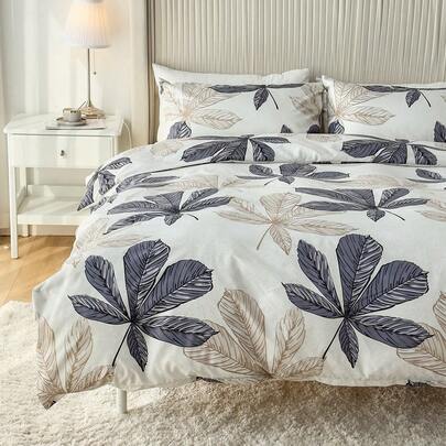 3pcs Leaf Pattern Polyester Printed Duvet Cover And Pillow Case Set
