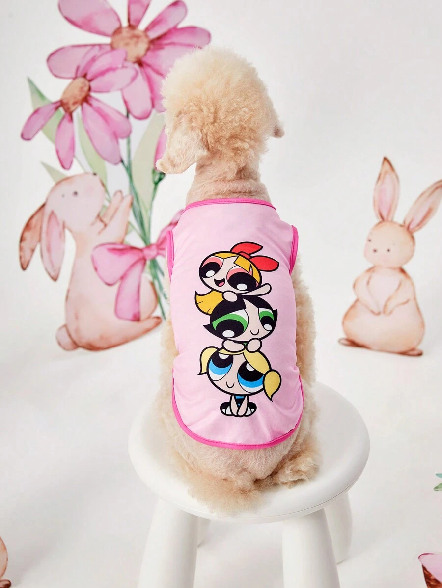 THE POWERPUFF GIRLS X SHEIN Camisa de tirantes para mascotas con patrón lindo de flor de cerezo rosa, burbujas y botón de oro
