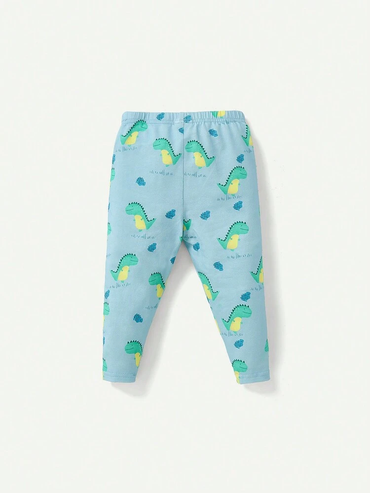 Baby Boy Snug Fit Pajamas With Cartoon Animal Print, Long Sleeve Round Neck Top And Footed Pants, 2Pcs/Set, Homewear Matching Sets