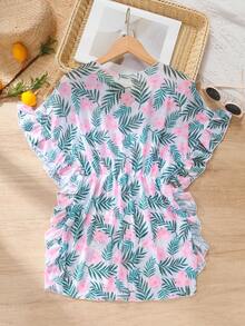 Tween Girls' Oversized Plant & Flower Printed Ruffle Trim Cover Up - Green - View 2