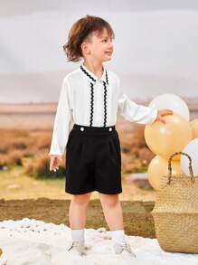 SHEIN Young Boys' Matching Colorful Edged Shirt And Shorts Set, Gentleman Style