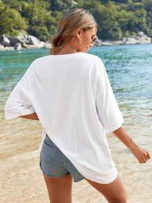 EURMUSE Drop Shoulder T-Shirt With Eyeball Embroidery And Sequin Decoration - White - View 2