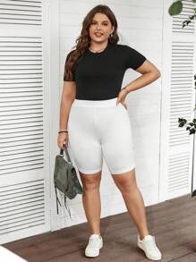 SHEIN LUNE Plus Size 3pcs/Set High Elasticity Sports & Casual & Daily Basic Shorts Set With Side Wooden Button & Buckle Decor, For Women