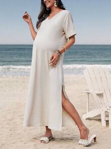 SHEIN Maternity V-Neck Short Sleeve Dress - Apricot - View 3