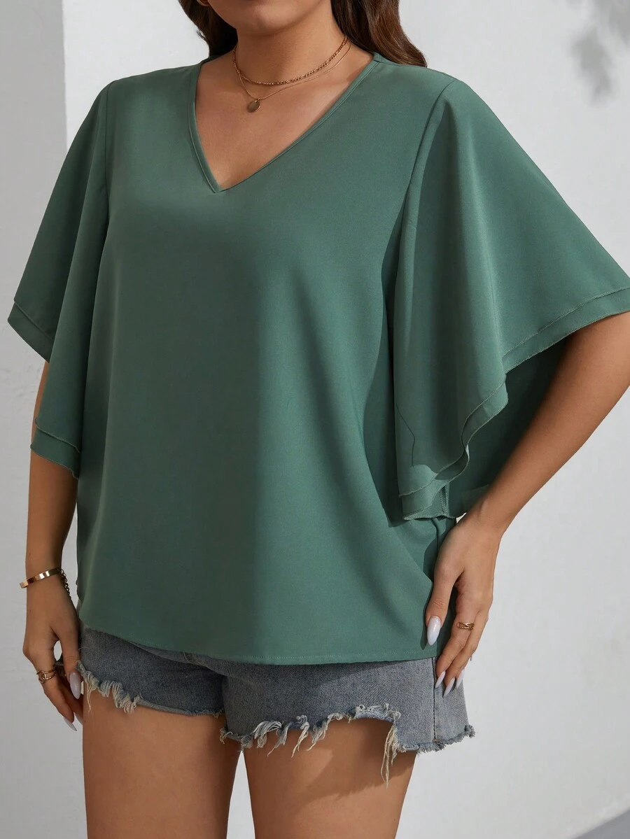 SHEIN LUNE Kích thước lớn Màu thuần Cổ chữ V áo tay bướm Áo sơ mi - Màu xanh Ô liu - Xem 1