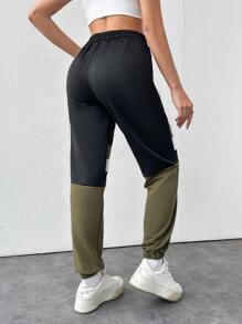 EURMUSE Women's Color Block Drawstring Waist Tapered Joggers - Army Green - View 2