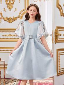 SHEIN Leap Crew 少女們的可愛v領收腰a字裙裝 - 彩色 - 查看 5
