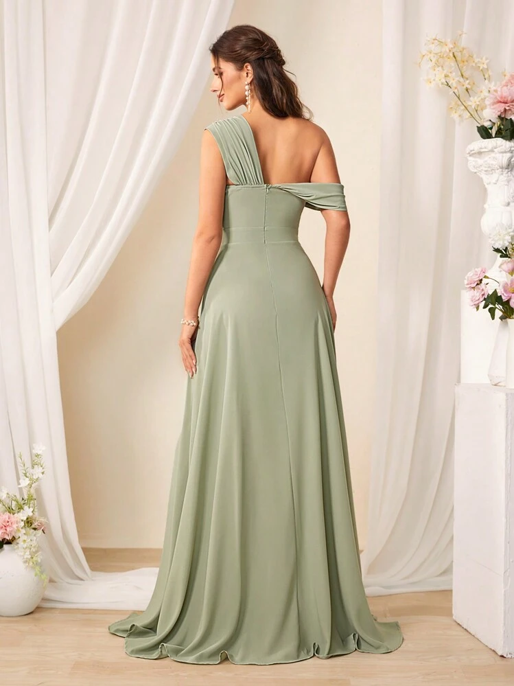 SHEIN Belle Vestido de dama de honor de un solo color con escote asimétrico, vestido elegante para Navidad - Verde - Añade 2