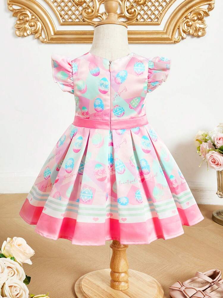 Baby Girl's Casual Cute Cartoon Easter Egg Prints Color Block Cap Sleeve Pleated Dress